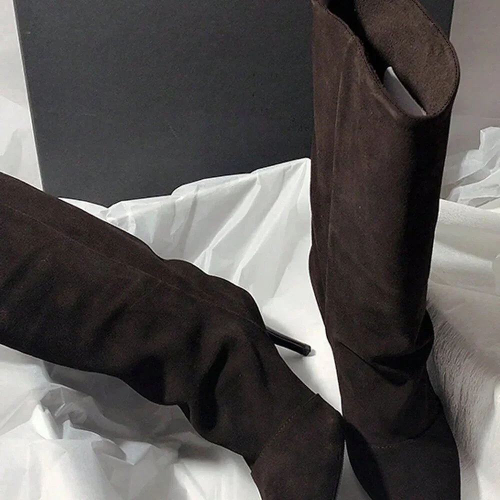 Brown Elegant Women's Suede Pointed Toe Western Cowgirl Boots